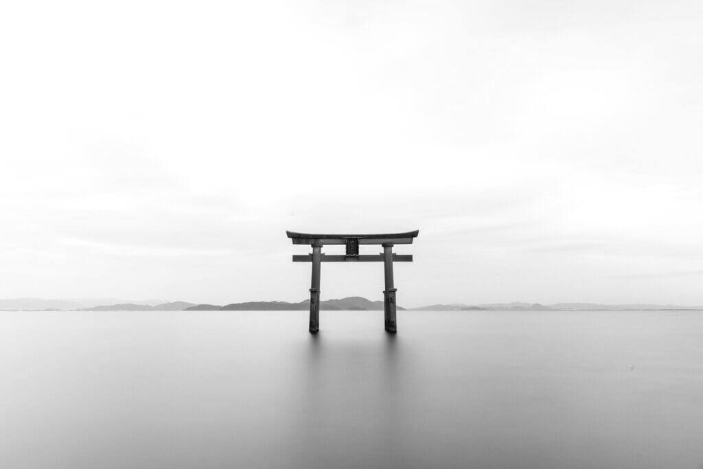 La photo en noir et blanc d'une porte Torii